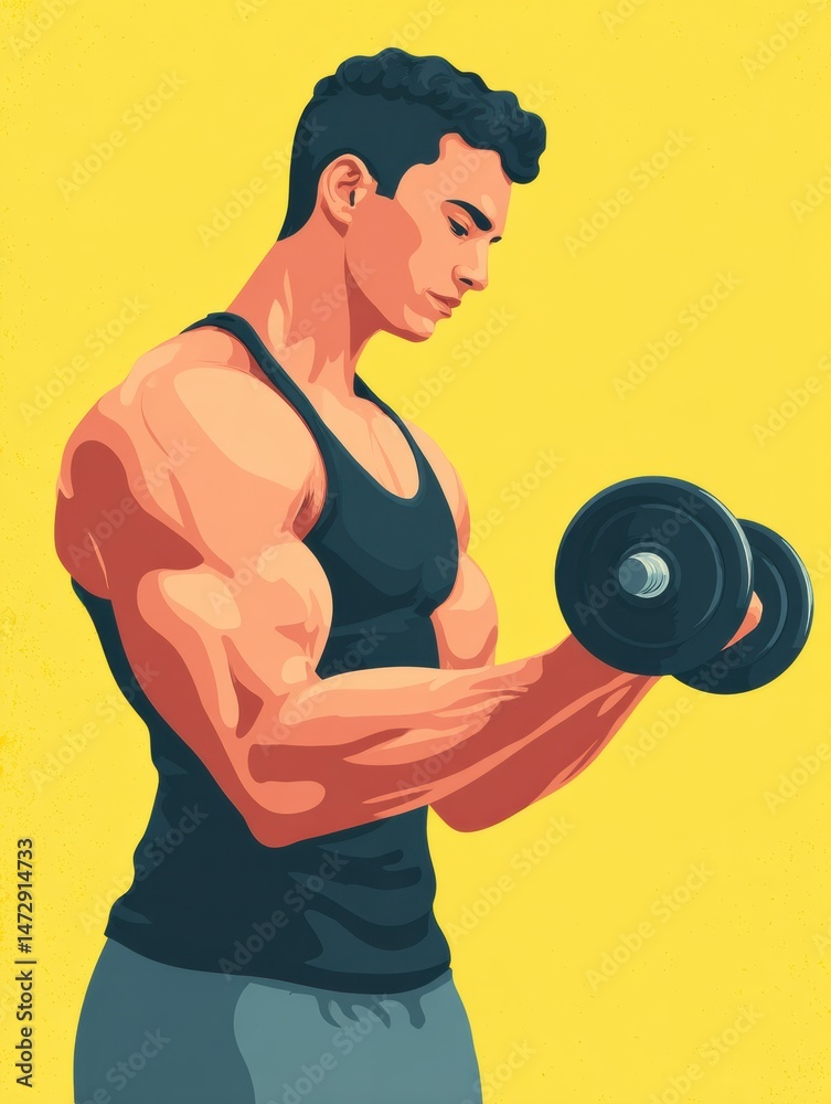 Poster biceps curl exercise illustration featuring a muscular man with dumbbells against a bright yellow ba