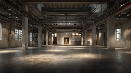 Industrial warehouse with concrete floors and steel beams, showcasing raw urban aesthetics and depth.