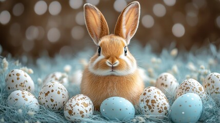 Easter bunny sits amidst eggs, fluffy nest, and bokeh background, creating festive ambiance