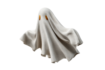 PNG Floating white ghost with cloth drape and yellow eyes on black background