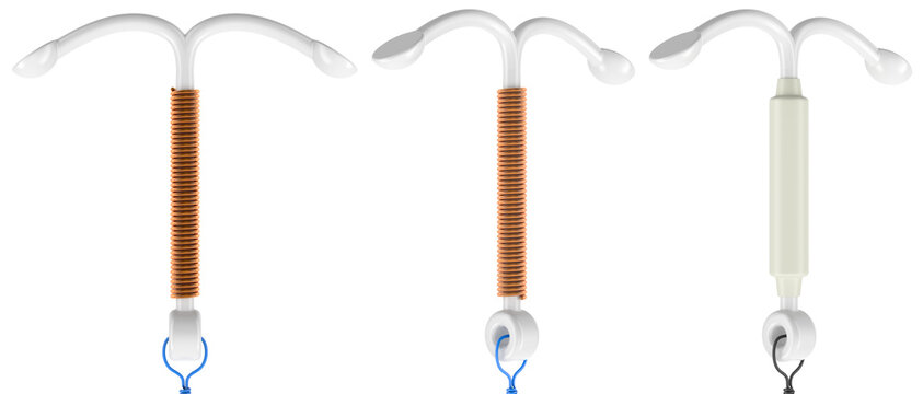 Intrauterine Contraceptive Device. Hormonal and Non-hormonal Copper T-shaped IUDs with removal strings. 3D rendering isolated on transparent background