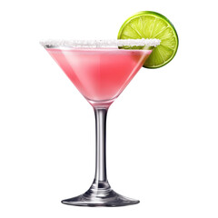 Pink cocktail in a martini glass with a salted rim and a lime wheel garnish.