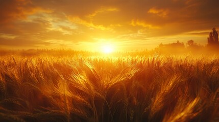 Golden wheat field at sunset, distant structure, soft light