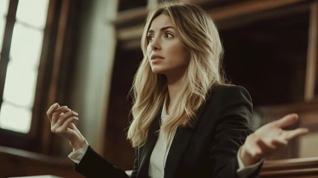 Passionate female advocate presenting argument in courtroom setting, seeking justice