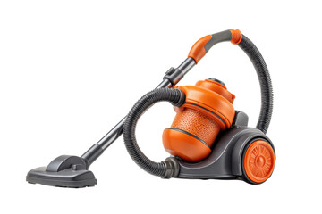 Naklejka premium PNG Modern orange and black canister vacuum cleaner with hose and wheels