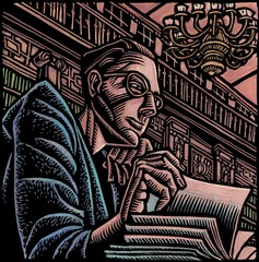 view from underneath a student reading a book in an ornate library