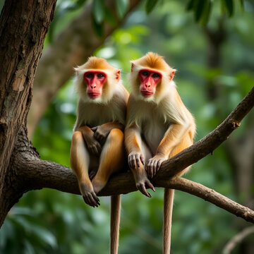 PROBOSCIS MONKEY nasalis larvatus, MALE AND FEMALES SITTING ON BRANCH