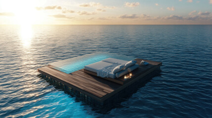 Deck Bed and Infinity Pool: Luxury Relaxation by the Ocean Overlook - 3D Illustration

