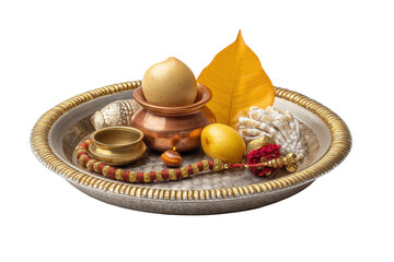 PNG Traditional indian puja thali with copper vessel, rudraksha garland, and sacred items