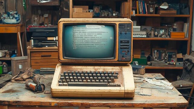 A vintage desktop computer with a monochrome screen and mechanical keyboard in a nostalgic setting filled with books and collectibles