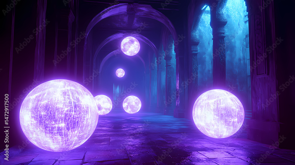 Wall mural magical relic vault glowing orbs 3d render scene video game concept background illustration digital 