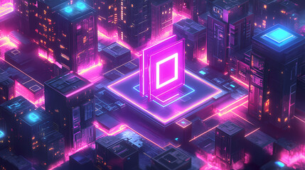 A blockchain technology system visualized with interconnected blocks transmitting digital tokens and encrypted data between nodes. [Digital Relics] | Neon Monolith | electric remnant. Illustration