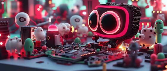 Obraz premium Futuristic robot amidst miniature whimsical characters and circuit board