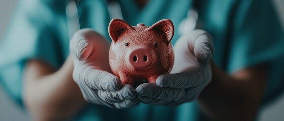 Gloved hands gently hold a piggy bank, symbolizing healthcare costs and financial burdens