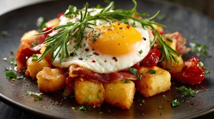 Huevos Rotos con jamon. Broken eggs and ham, Madrid cuisine