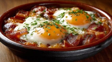 Huevos Rotos con jamon. Broken eggs and ham, Madrid cuisine