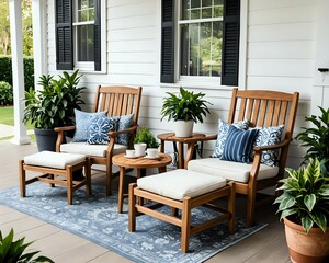 Obraz premium Charming Front Porch with Wooden Rocking Chairs and Potted Plants