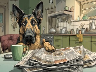 A german shepherd sits in a kitchen reading newspapers.