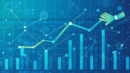 Blue Toned Economic Background With a Growing Graph and Stylized Hand Icon Guiding the Line Toward Progress