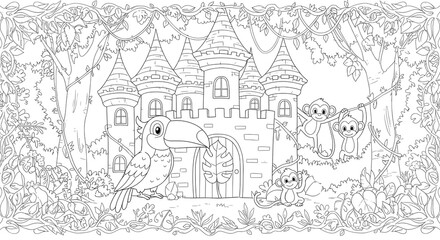 Obraz premium Enchanted Jungle Castle Coloring Page Featuring Toucan and Monkeys