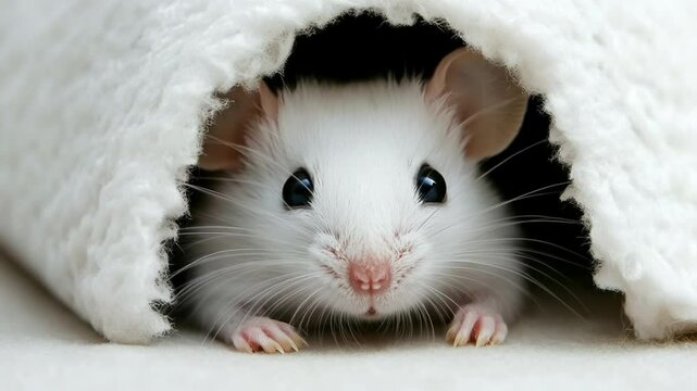 Adorable white mouse peeking out from fluffy den, captivating close-up for pet or nature themes