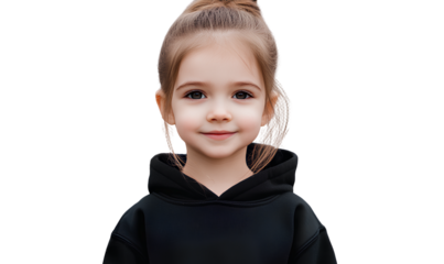 Cute little girl wearing a black hoodie, transparent background, mockup template for a kids' store advertisement,