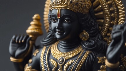 Obraz premium Closeup black gold detailed krishna statue religious art god icon dark rich yoga hindu india deity