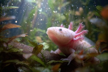 Obraz premium Gentle albino axolotl rests among aquatic plants.
