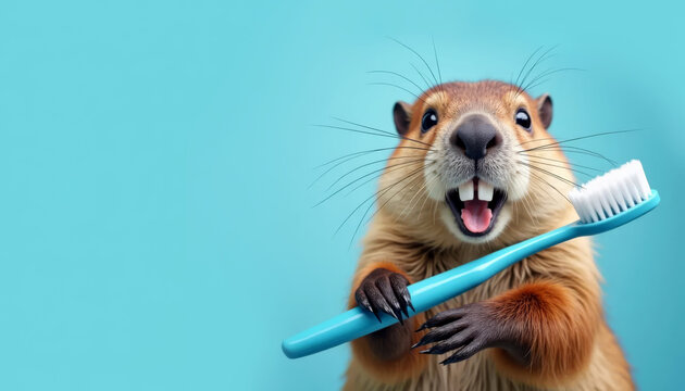 Smiling beaver holding toothbrush on blue background. Dental hygiene, care, and healthy habits.