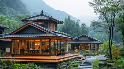 Tranquil mountain retreat.  Wooden structures nestled amidst misty mountains