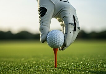 Hand placing golf ball on tee in lush green grass, preparing for a perfect swing