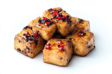 Fototapeta premium Spicy Pan-Fried Tofu Cubes with Chili Oil and Black Pepper