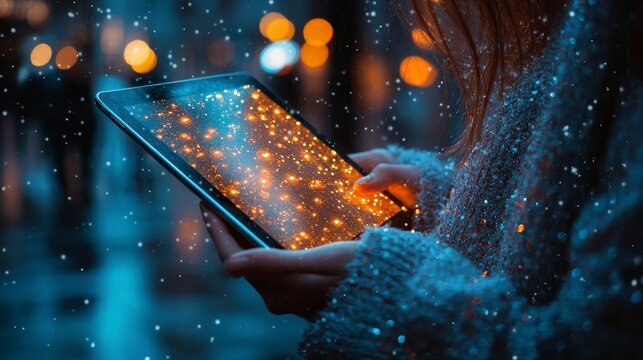 Glowing tablet in hands, snow falling, bokeh lights in background, winter night atmosphere