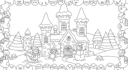 Fototapeta premium Enchanted Winter Castle A Snowy Coloring Page Featuring Penguins and Snowmen