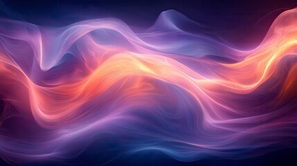 Abstract waves intertwine, a blend of violet, coral, and glowing amber hues against dark backgrounds