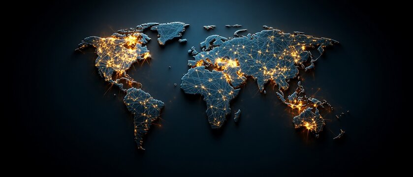 Fototapeta Illuminated 3D world map showcasing global connectivity and city lights against a dark backdrop