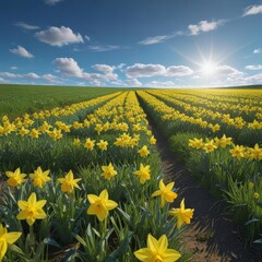 Fototapeta premium Sunlit yellow daffodils carpet a vibrant green field under a brilliant blue sky , outdoor, joyful