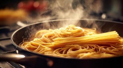 Closeup of spaghetti in pan
