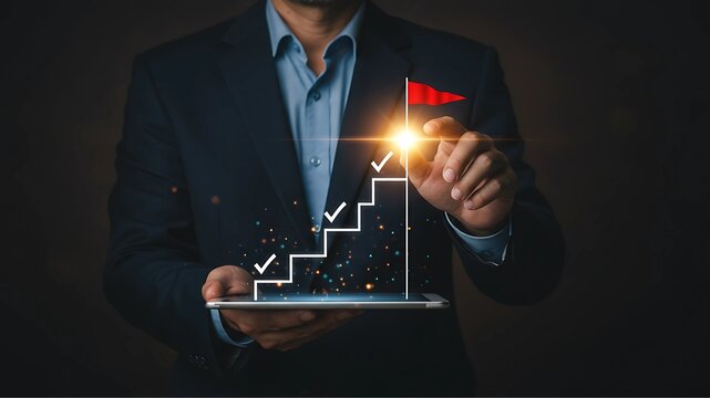 Business success and goal achievement steps. Businessman drawing checkmarks on virtual staircase steps toward achieving goals, ending with red flag as success marker. Planning, progress, goal setting