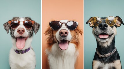 Three dogs wearing sunglasses against vibrant backgrounds.