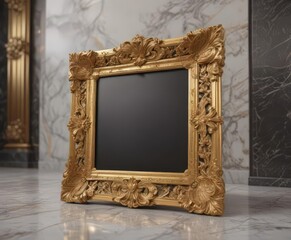 Intricately carved golden frame rests on polished marble ,  luxury,  frame,  texture