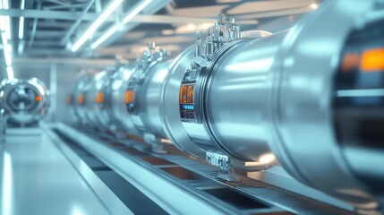 Futuristic Industrial Facility: Sleek Metallic Cylinders on Automated Conveyor System