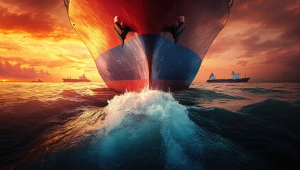Massive cargo ship at sunset, powerful waves