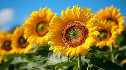 Obraz premium Bright sunflowers in a field under a blue sky, illuminated by sunlight. Nature's beauty captured