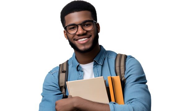  Handsome, smiling student with a blue book on a transparent background, PNG file..
