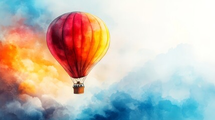 Naklejka premium A hot air balloon is shown soaring through the sky in a watercolor painting