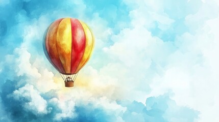 Fototapeta premium The scene of a hot air balloon soaring through the air is set against a delicate pastel sky in watercolor