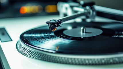 Close-up of Turntable Needle Playing Vinyl Record