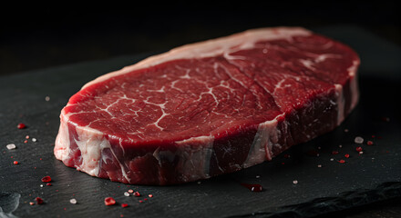 Obraz premium Prime Cut: A Fresh Ribeye Steak on Dark Stone