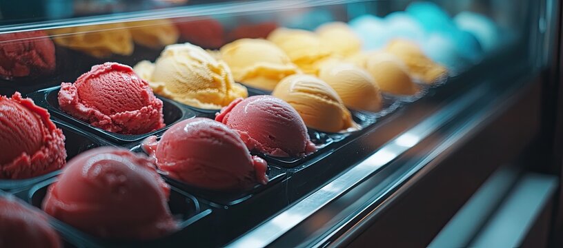 Assorted scoops of ice cream in a display case